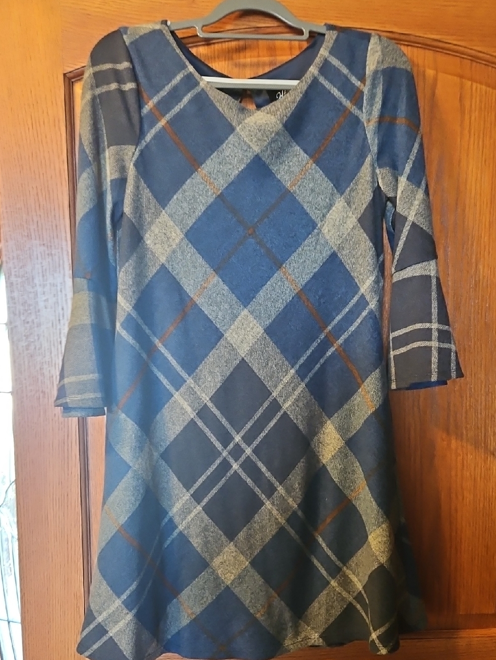 Blue Plaid elbow Sleeve A-Line Dress